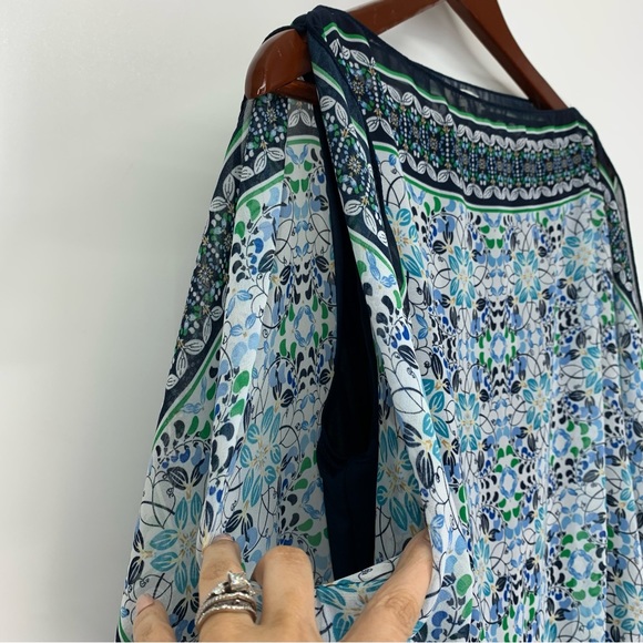 Max Studio Blue Green Geometric Print Slit Side Draped Sleeveless Stretch Blouse - Picture 5 of 16